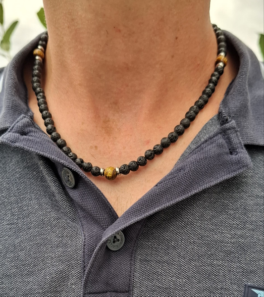 Collier Pierre de lave avec Oeil de tigre gravé Créa'Clo